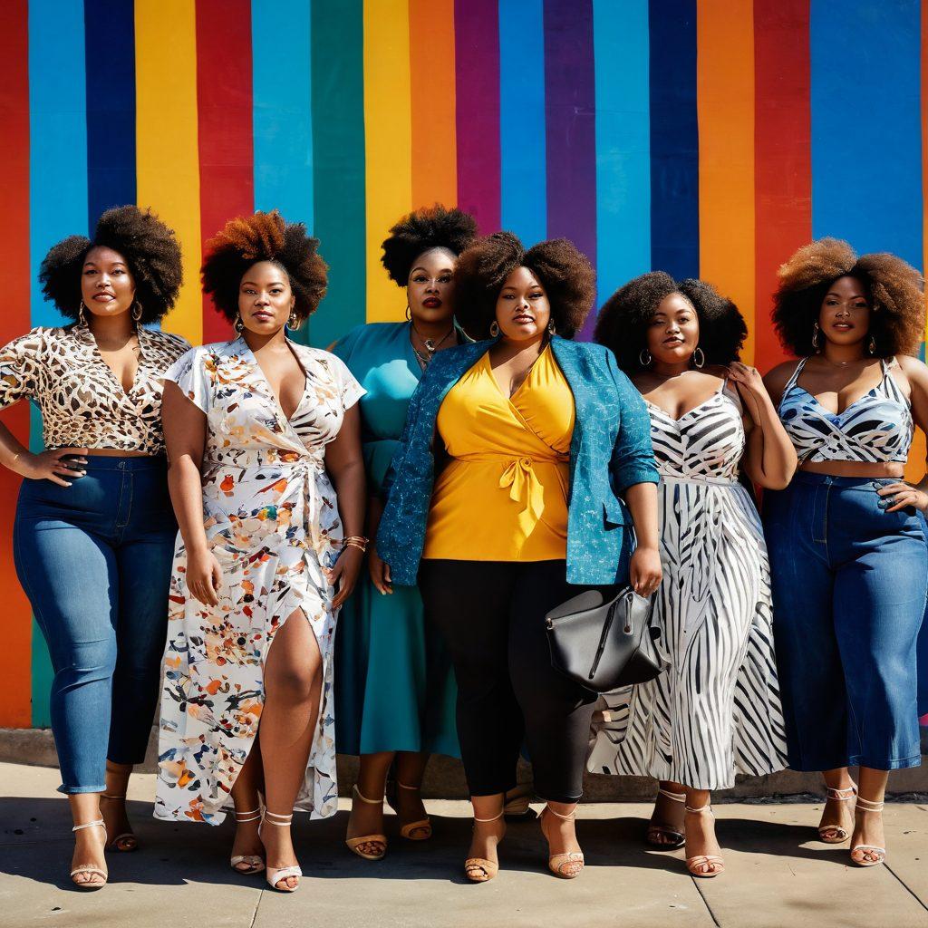 A vibrant and uplifting scene depicting a diverse group of plus-size individuals confidently showcasing the latest fashion trends, standing in a sunlit urban setting. They are celebrating empowerment and inclusivity, surrounded by colorful abstract art that symbolizes diversity. The fashion includes bold patterns and bright colors, reflecting joy and self-expression. super-realistic. vibrant colors. warm background.
