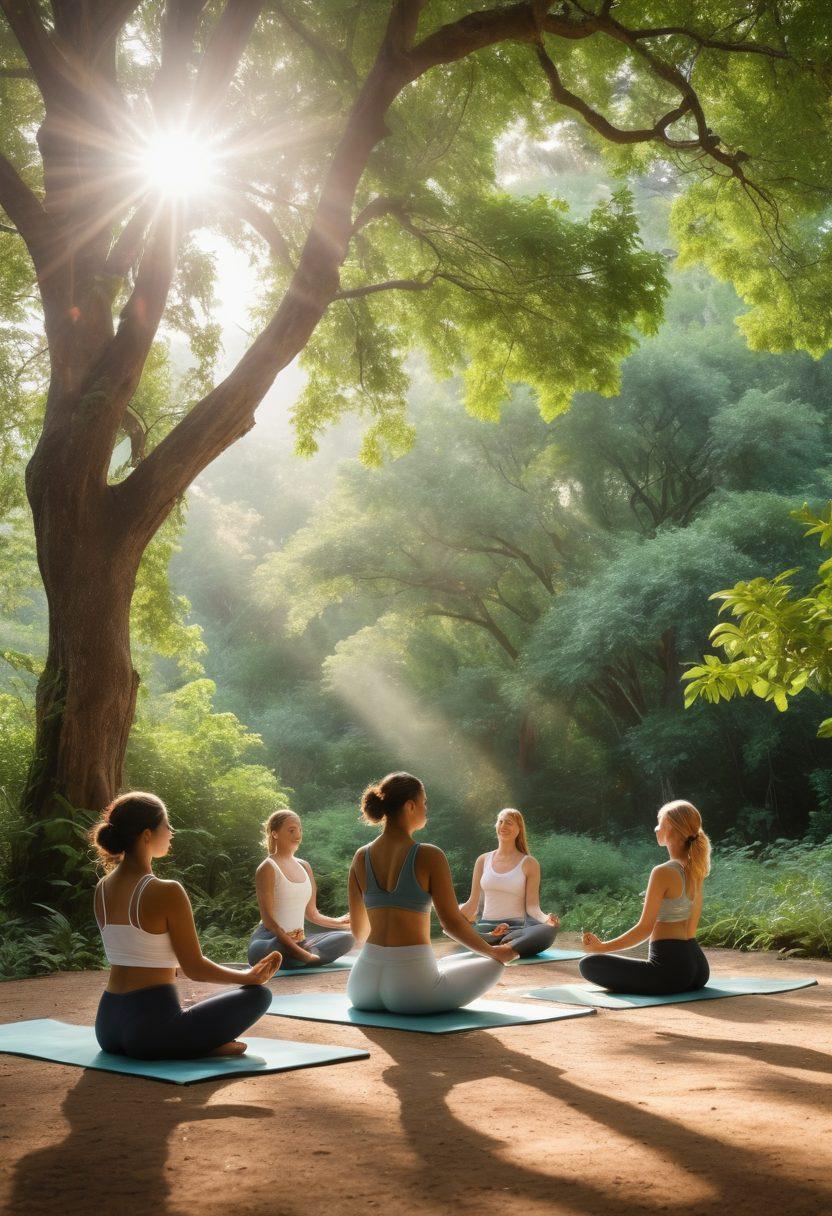 A serene scene depicting a diverse group of individuals engaging in various self-care practices such as yoga, meditation, and herbal tea preparation, surrounded by lush greenery and soft sunlight filtering through the trees. Each person is showcasing their unique body type with confidence and joy. The atmosphere radiates warmth, tranquility, and acceptance, illustrating the essence of wellness. soft, pastel colors. painting. natural light.