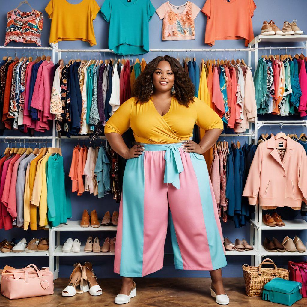 A confident plus-size woman confidently showcasing a vibrant, colorful outfit that highlights her unique style, surrounded by diverse clothing options and wellness items. Incorporate inspirational quotes about body positivity in a stylish font overlaying the image. The background should be warm and inviting with soft pastel tones, symbolizing empowerment. super-realistic. vibrant colors. engaging and uplifting.